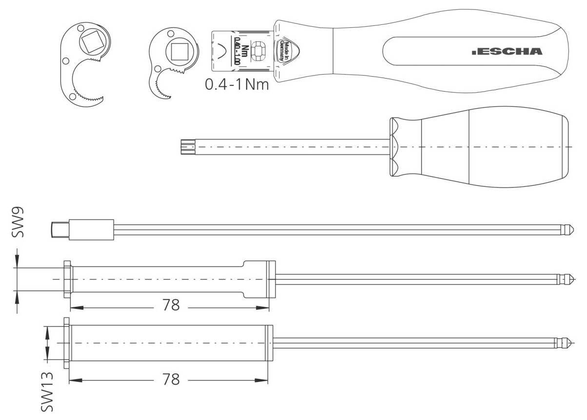 'Diagram śrubokręta przedstawiający wymiary: rękojeść oznaczona "ESCHA", zakres momentu obrotowego 0,4-1Nm. Długość trzpienia 78 mm, końcówki SW9 i SW13.'