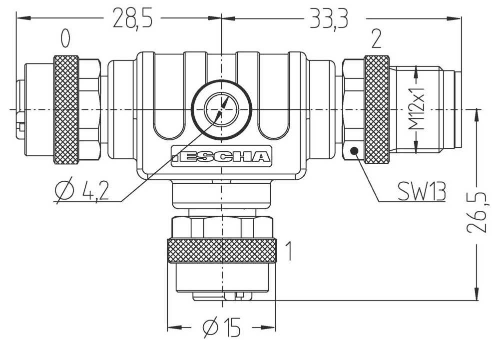 Rysunek techniczny zaworu Leschia z pomiarami: szerokość 28,5 mm, wysokość 26,5 mm, średnice złączy Ø4,2 mm i Ø15 mm, gwint M12x1.