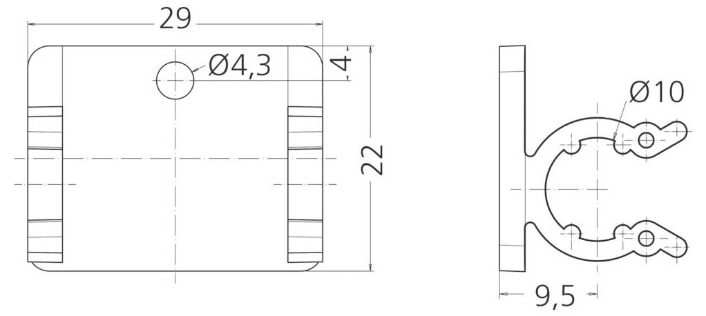 Rysunek techniczny zacisku przedstawiający wymiary: 29 mm szerokości, 22 mm wysokości, średnica otworu 4,3 mm oraz średnica wewnętrznego okręgu 10 mm.