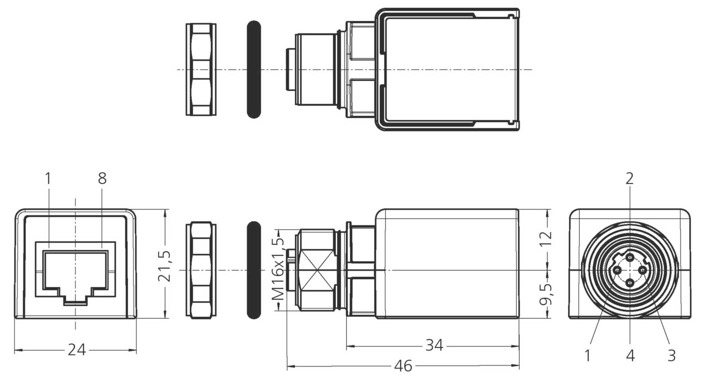 Rysunek techniczny przedstawiający wymiary złącza z wieloma widokami. Kluczowe pomiary obejmują długość 46 mm, szerokość 34 mm oraz gwint M16 x 1,5.
