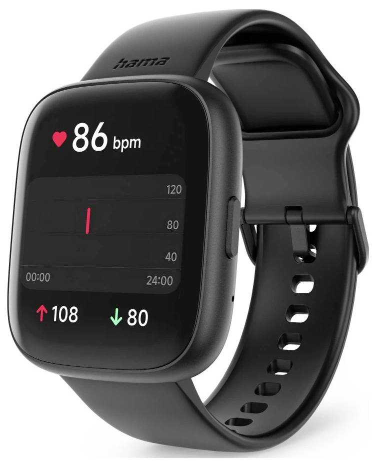 Czarny smartwatch wyświetla tętno '86 uderzeń na minutę'. Na ekranie widać również '108' i '80' z strzałkami w górę i w dół, wskazującymi na zmiany.