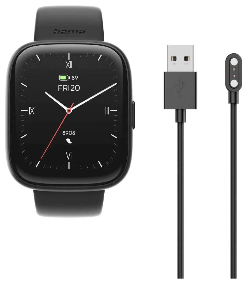 Smartwatch z czarnym paskiem wyświetlający czas 'Pt 20.' Z ikoną tętna i liczbą kroków '8908.' Obok widoczny kabel do ładowania USB.