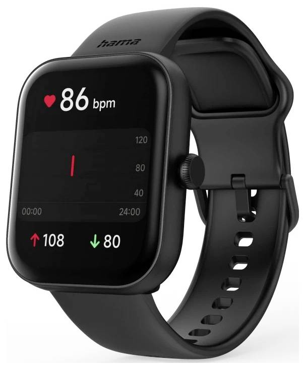 Smartwatch wyświetlający tętno 86 uderzeń na minutę. Na ekranie widać ikonę serca, czerwoną strzałkę w górę wskazującą 108 oraz zieloną strzałkę w dół wskazującą 80.