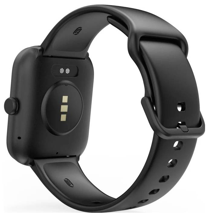 Czarny smartwatch o prostokątnej tarczy i opasce z zapięciem jest pokazany od tyłu, podkreślając punkty ładowania i czujniki.