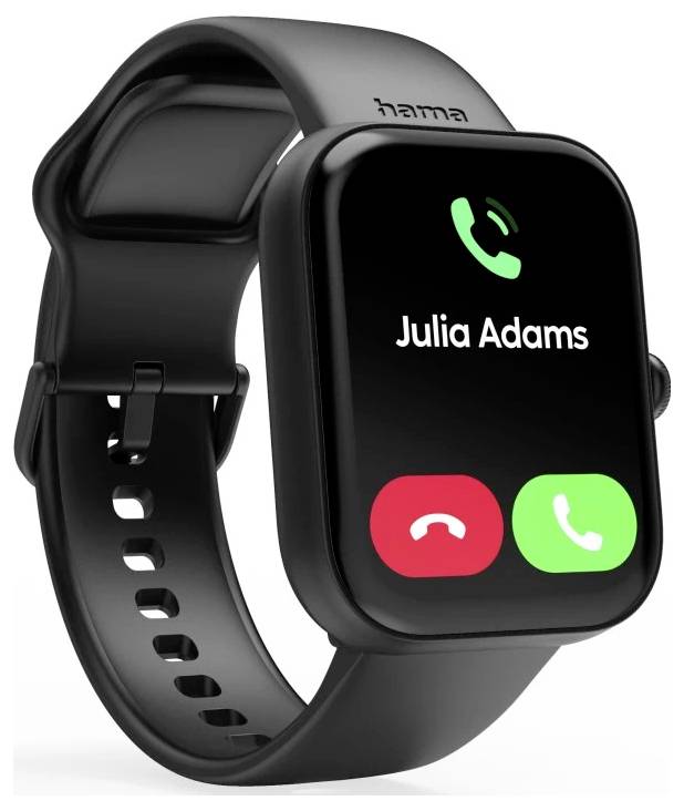 Smartwatch wyświetlający nadchodzące połączenie od 'Julia Adams', z czerwoną i zieloną ikoną do odrzucenia lub odebrania połączenia.