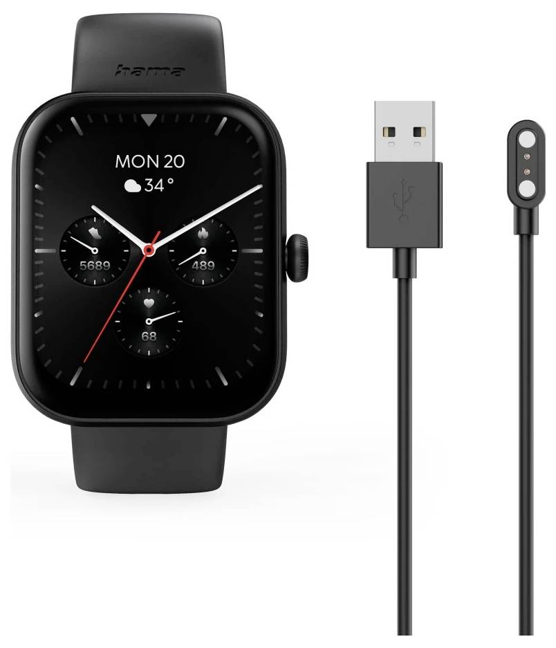 Smartwatch z wyświetlaczem cyfrowym pokazującym czas, datę, pogodę i wskaźniki zdrowia, wraz z przewodem ładującym USB.