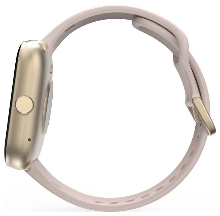 Smartwatch z obudową w kolorze złotym i różowym paskiem, sfotografowany z boku, ukazujący przycisk i pętle paska.