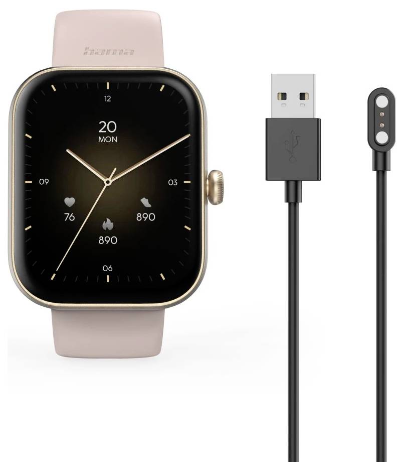 Inteligentny zegarek z różowym paskiem, wyświetlający czas, tętno i liczbę kroków, jest prezentowany obok swojego magnetycznego kabla ładującego USB.