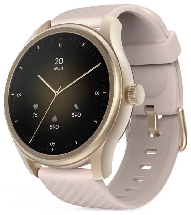 Smukły, złoty smartwatch z okrągłą tarczą, wyświetlający datę, godzinę oraz dane zdrowotne takie jak tętno i liczbę kroków; z różowym paskiem.