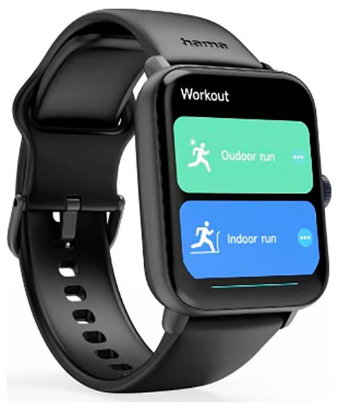 Czarny smartwatch wyświetlający ekran z opcjami 'Bieg na świeżym powietrzu' i 'Bieg w pomieszczeniu' w niebieskich i zielonych polach.