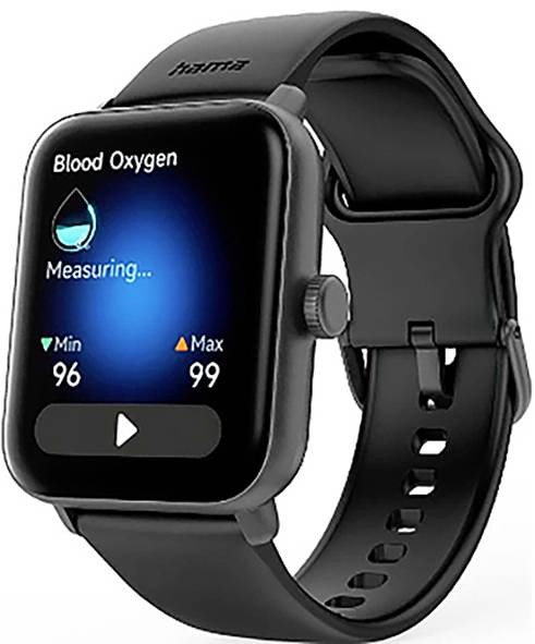 Smartwatch wyświetlający ekran 'Pomiar Nasycenia Tlenem' z wartością minimalną wynoszącą 96 i maksymalną 99. Zegarek jest czarny.