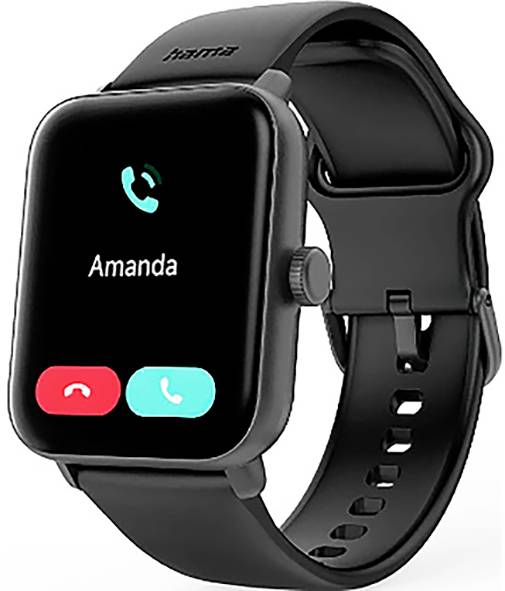 Czarny smartwatch wyświetlający nadchodzące połączenie od 'Amanda' z zielonymi i czerwonymi przyciskami do odebrania lub odrzucenia rozmowy.