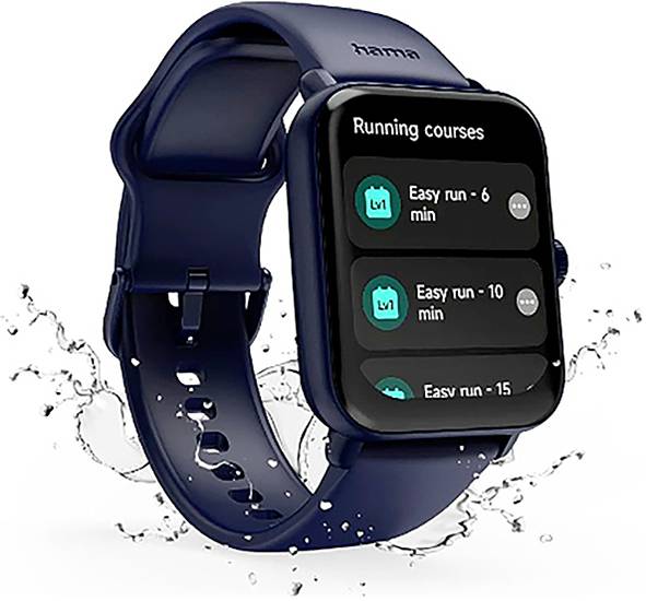 Granatowy smartwatch wyświetla aplikację fitness z trasami biegowymi: 'Łatwy bieg - 6 min', 'Łatwy bieg - 10 min', 'Łatwy bieg - 15 min'.