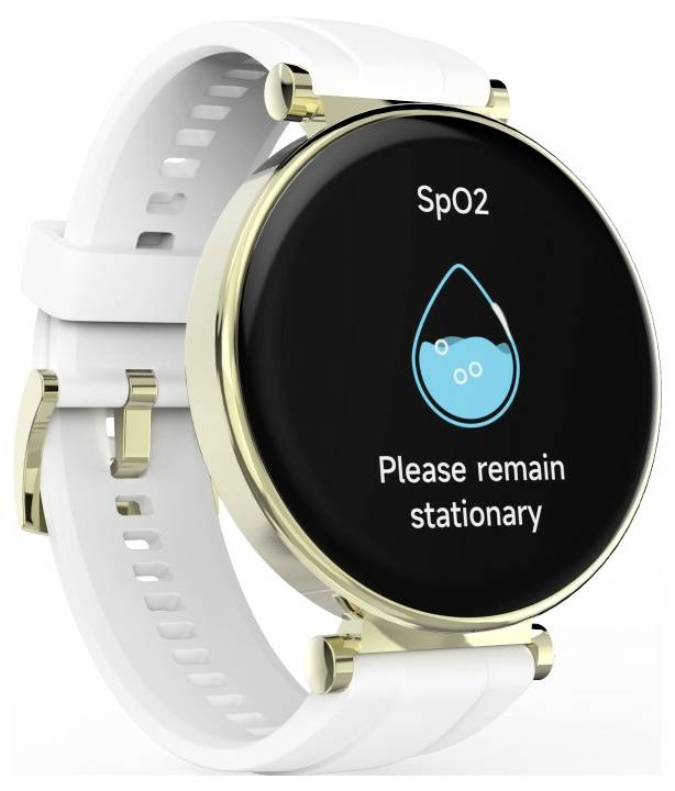 Smartwatch z białą opaską wyświetla wiadomość: 'SpO2 Proszę pozostać w bezruchu' obok ikony przedstawiającej saturację tlenu.