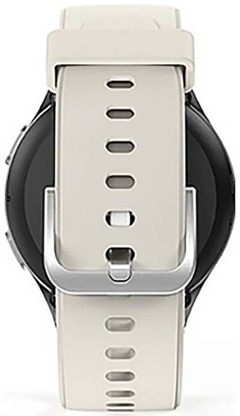 Inteligarny zegarek z beżowym paskiem i srebrną klamrą, pokazany od tyłu, podkreślający design i mechanizm zapięcia.