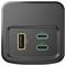 Czarny wtyk z wtykiem USB-A oraz dwoma portami USB-C oznaczonymi jako USB-C1 i USB-C2, umieszczonymi na kwadratowej podstawie.