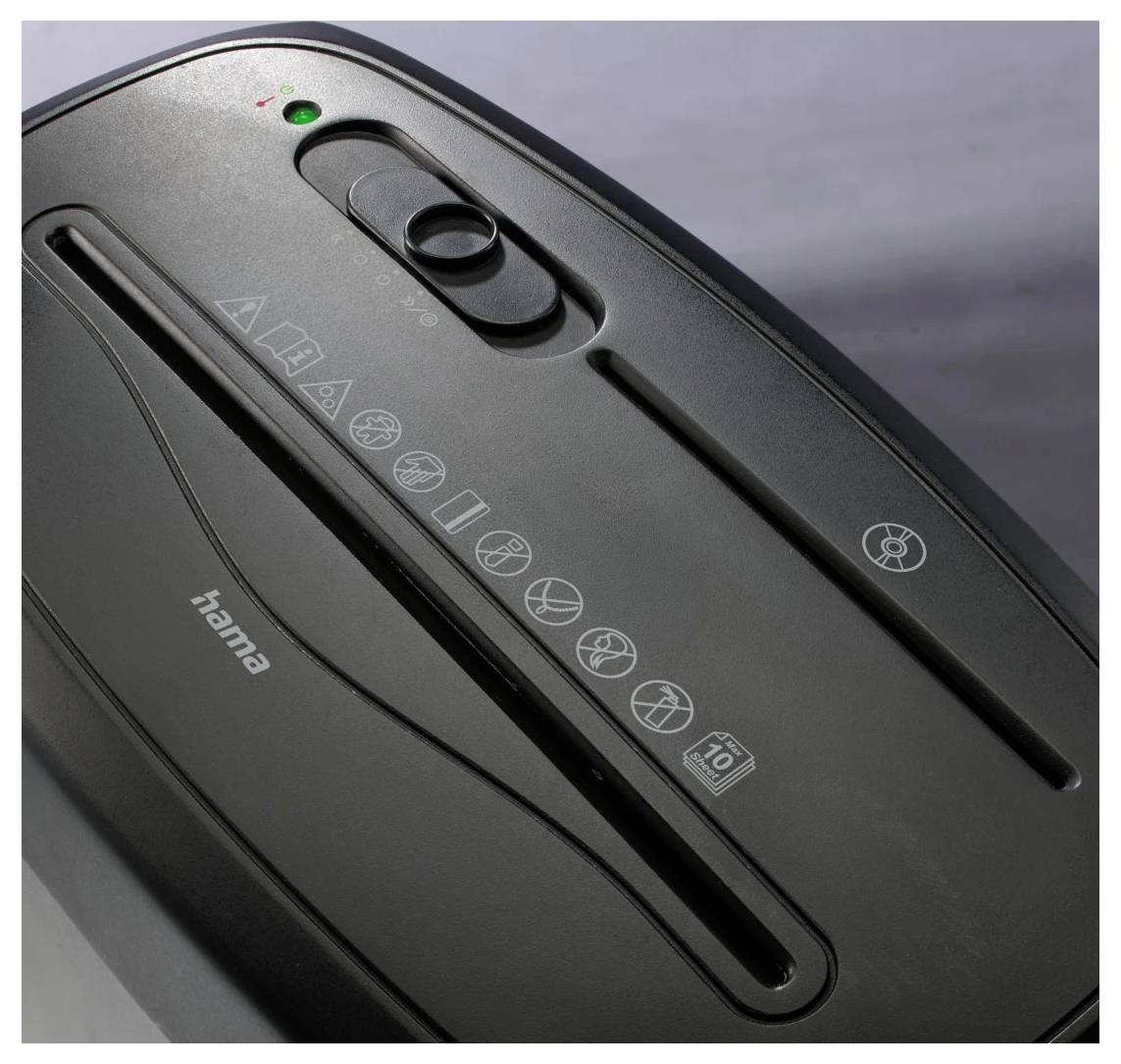 Czarna niszczarka dokumentów z górnym przełącznikiem sterowania i symbolami ostrzegawczymi pokazującymi ograniczenia użycia.