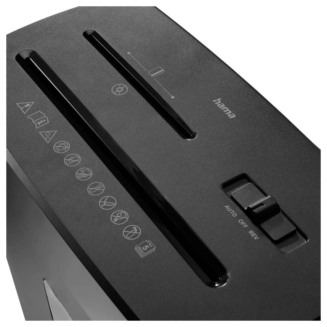 Шредер Hama Prime M50CD-B, 6 аркушів, 2 x 12 мм, P-5, 13 л. Також подрібнює кредитні картки.