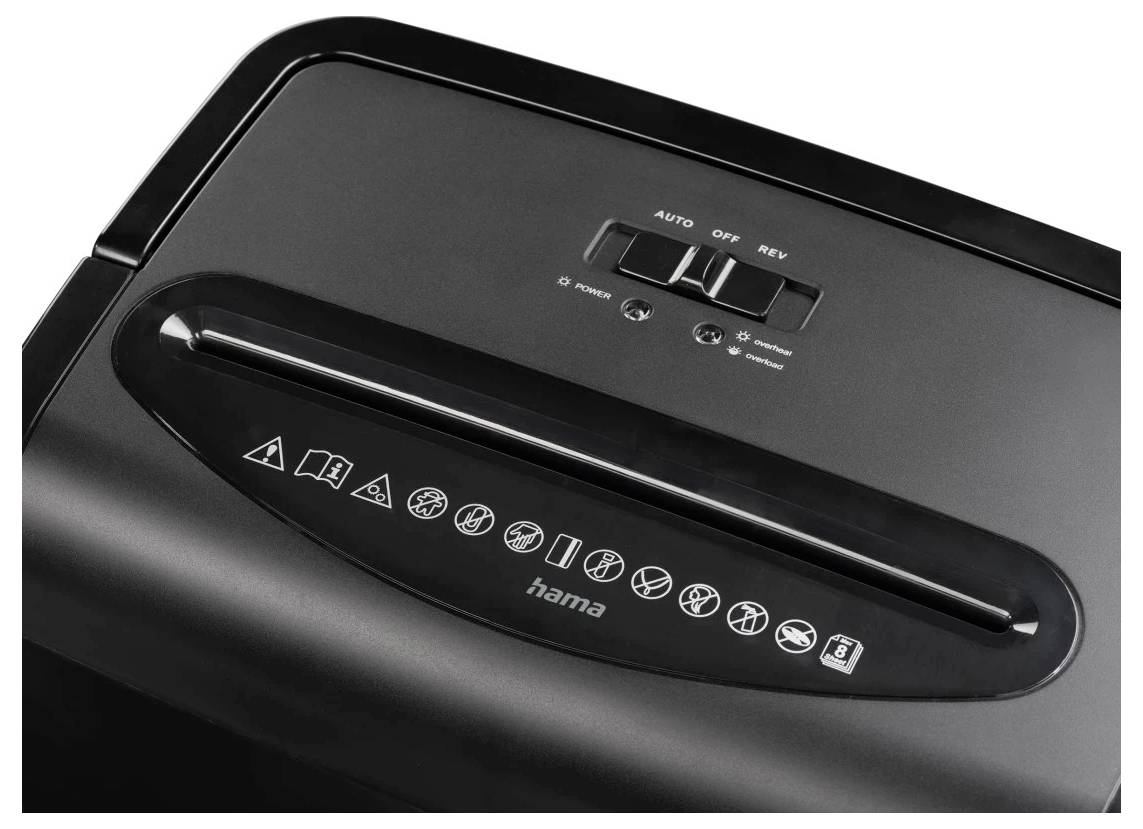 Шредер Hama Prime M80, 9 аркушів, 2 x 12 мм, P-5, 20 л. Також подрібнює кредитні картки.