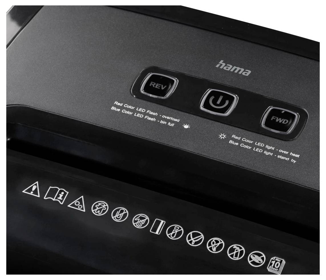 Czarna niszczarka dokumentów z przyciskami oznaczonymi jako 'REV', 'U' oraz 'FWD'. Wskaźniki sygnalizują: czerwony - przeciążenie, niebieski - pełny kosz, zielony - gotowość do pracy.