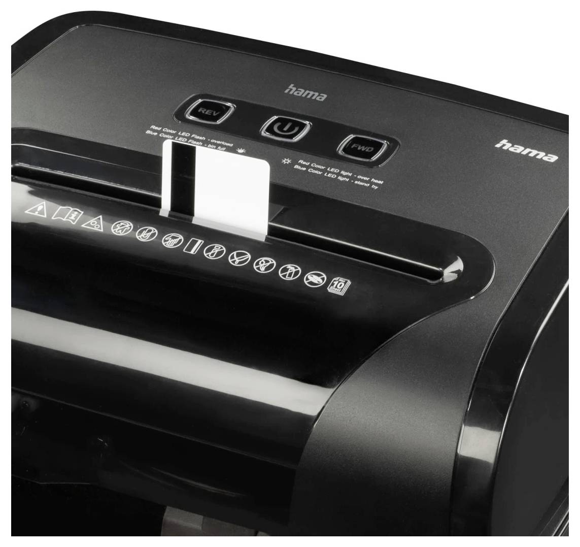 Czarna niszczarka dokumentów z częściowo włożoną białą kartką. Różne ikony wskazują na możliwości niszczenia dokumentów oraz środki bezpieczeństwa.