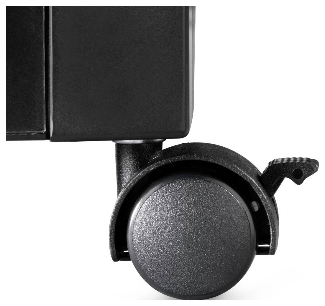 Zbliżenie kółka transportowego z mechanizmem blokady na czarnym elemencie mebla lub sprzętu.