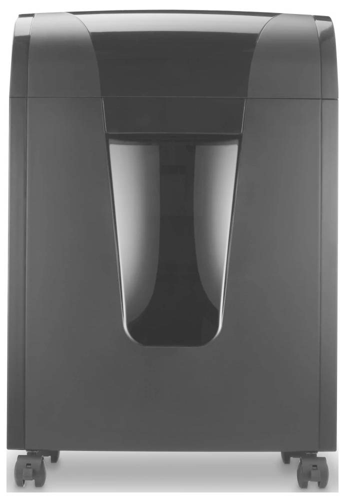 Czarna niszczarka dokumentów z przezroczystym okienkiem z przodu, przez które widać pocięte kawałki papieru, umieszczona na czterech kółkach jezdnych.