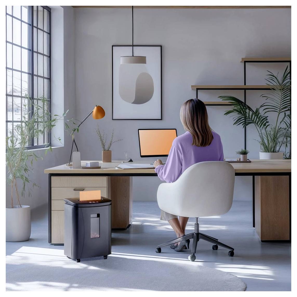 Osoba siedzi przy biurku w nowoczesnym, rozświetlonym naturalnym światłem domowym gabinecie, z komputerem, roślinami i wiszącą lampą, całkowicie skupiona na pracy.