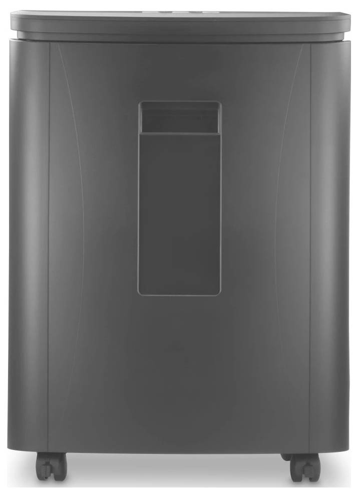 Czarna prostokątna niszczarka dokumentów na kółkach, wyposażona w przednie okienko do podglądu poziomu papieru.