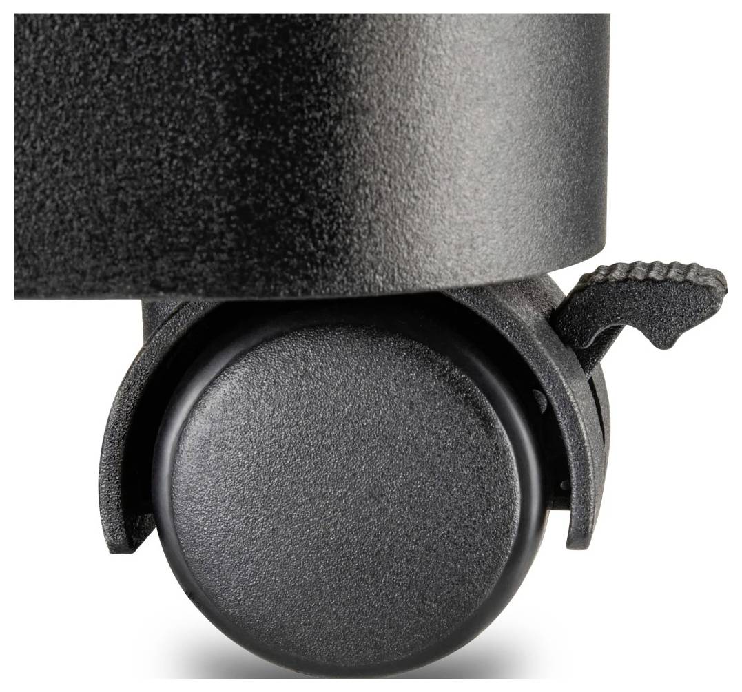 Zbliżony obraz czarnego kółka transportowego przymocowanego do podstawy mebla, prezentujący dźwignię hamulcową obok kółka.