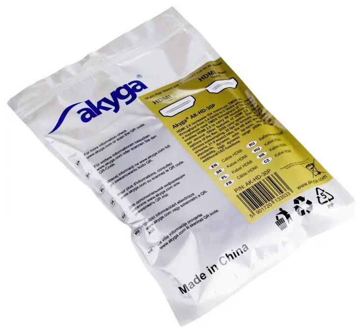 Biało-żółte opakowanie plastikowe kabla HDMI 3D marki Akyga, oznaczone instrukcją produktu oraz napisem 'Wyprodukowano w Chinach'.