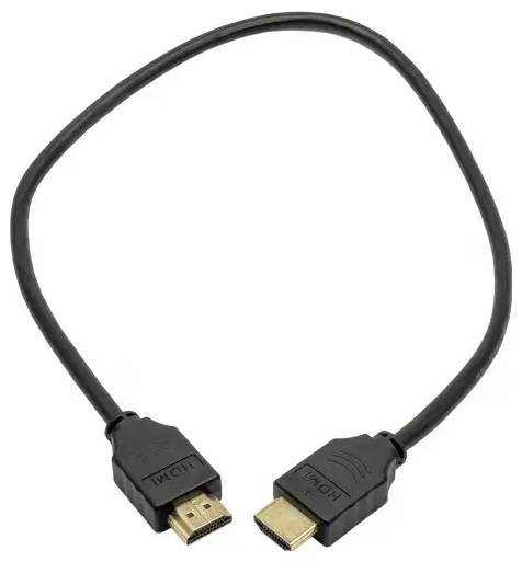 Kabel HDMI ze standardowymi złączami męskimi na obu końcach, używany do transmisji sygnału wideo i audio w wysokiej rozdzielczości między urządzeniami.