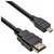 Czarny kabel HDMI z standardowymi i mikrołączami HDMI, używany do podłączania urządzeń takich jak kamery i laptopy do wyświetlaczy.