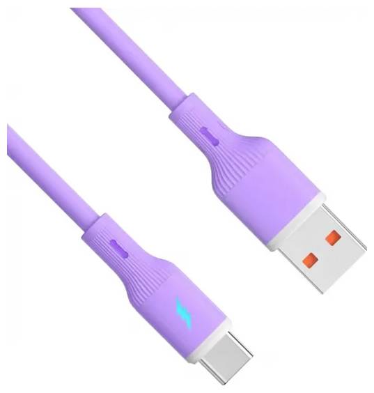 Fioletowy kabel USB-C do USB-A z symbolem błyskawicy na końcu USB-C, wskazujący na możliwość szybkiego ładowania.