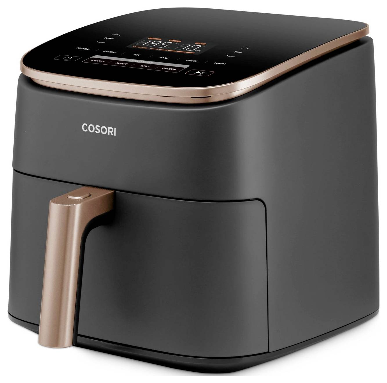 Czarno-miedziany air fryer marki 'COSORI' z cyfrowym wyświetlaczem dotykowym i przednim uchwytem.
