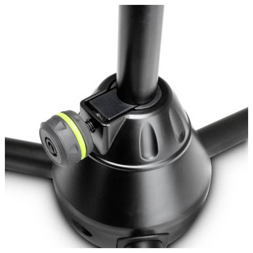 Czarna teleskopowa podstawa stojaka z regulowaną gałką na białym tle.