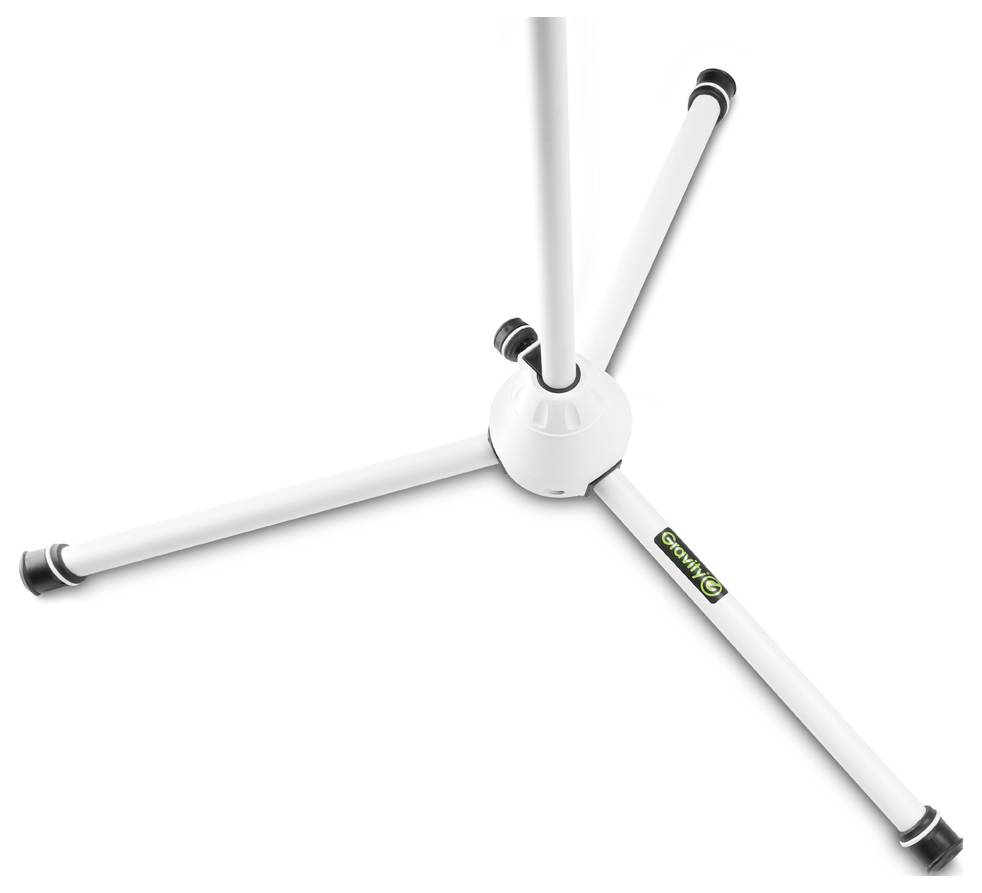 Biały statyw na trzech równomiernie rozstawionych nogach, widziany z góry. Każda noga zakończona jest czarną gumową nasadką, a jedna z nóg posiada firmową etykietę.