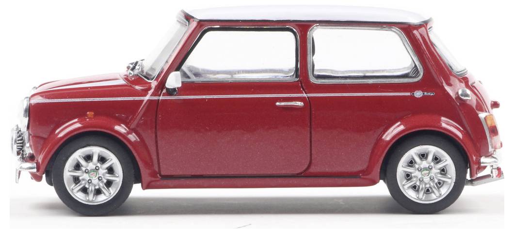 Czerwony klasyczny model samochodu Mini Cooper widziany z boku, prezentujący jego kompaktową budowę i charakterystyczny, retro styl.