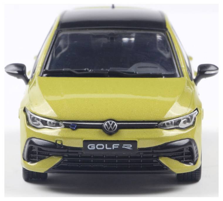 Żółty model samochodu z emblematem 'Golf R' na przednim grillu, skierowany przodem do przodu. Projekt jest elegancki, z widocznym logo Volkswagena.