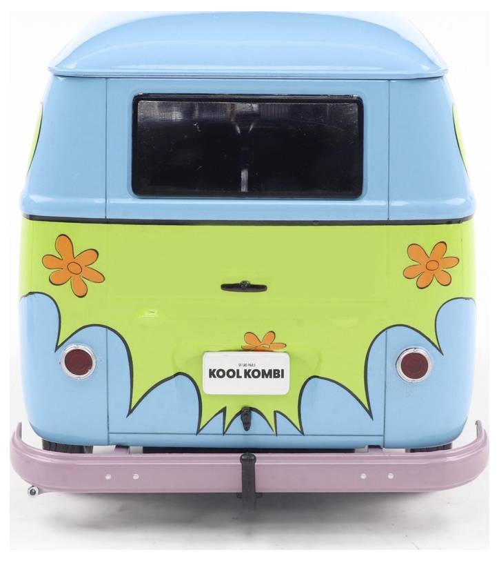 Zabawkowa furgonetka w niebiesko-zielonym malowaniu, ozdobiona pomarańczowymi kwiatami, stylizowana na retro pojazd z popularnej kreskówki.