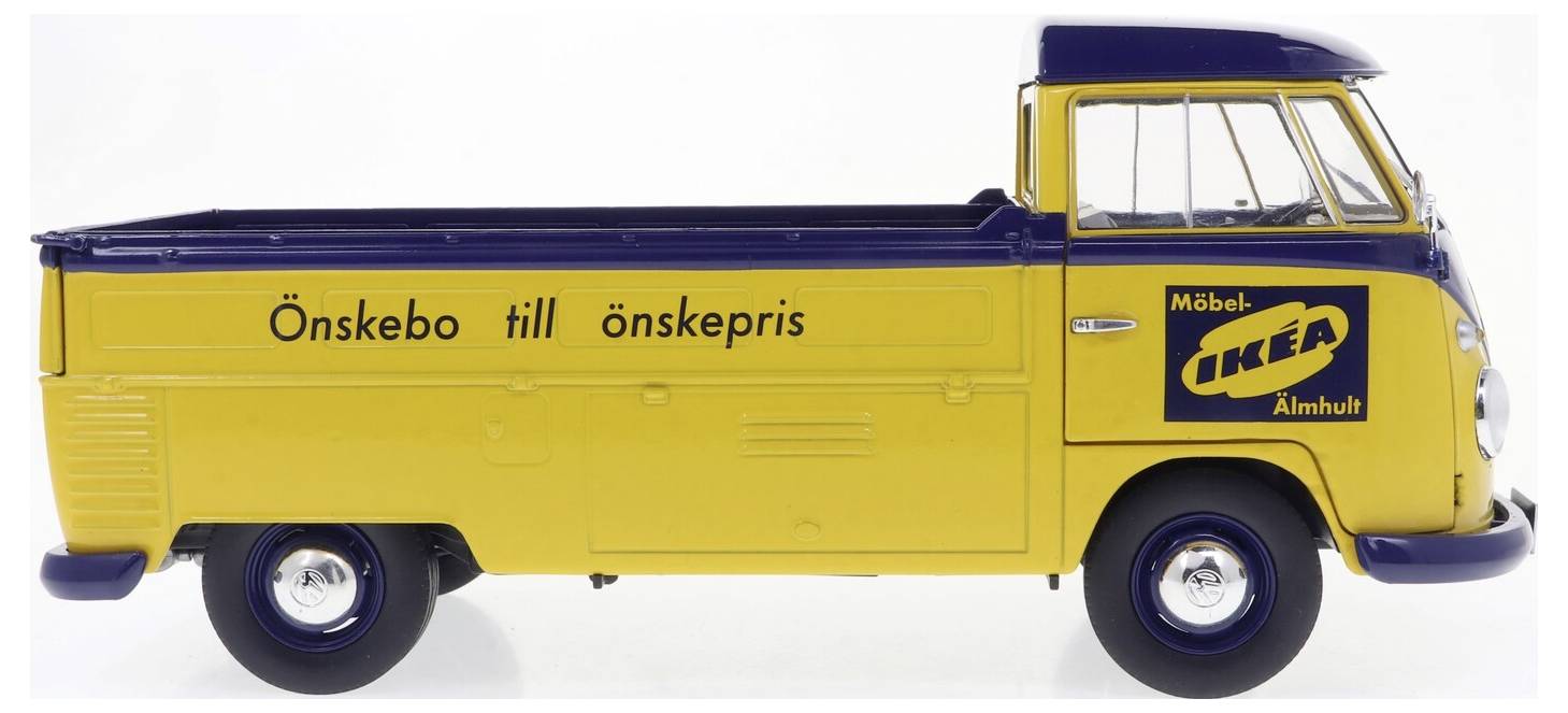 Żółta zabytkowa ciężarówka z niebieskimi detalami i logo 'IKEA', z tekstem 'Önskebo till önskepris', który oddaje ideę przystępności cenowej.
