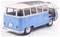 Niebieski i biały model zabawkowy klasycznego vana z otwartymi tylnymi drzwiami, szczegółowymi oknami i tablicą rejestracyjną 'VW T1 Samba'.