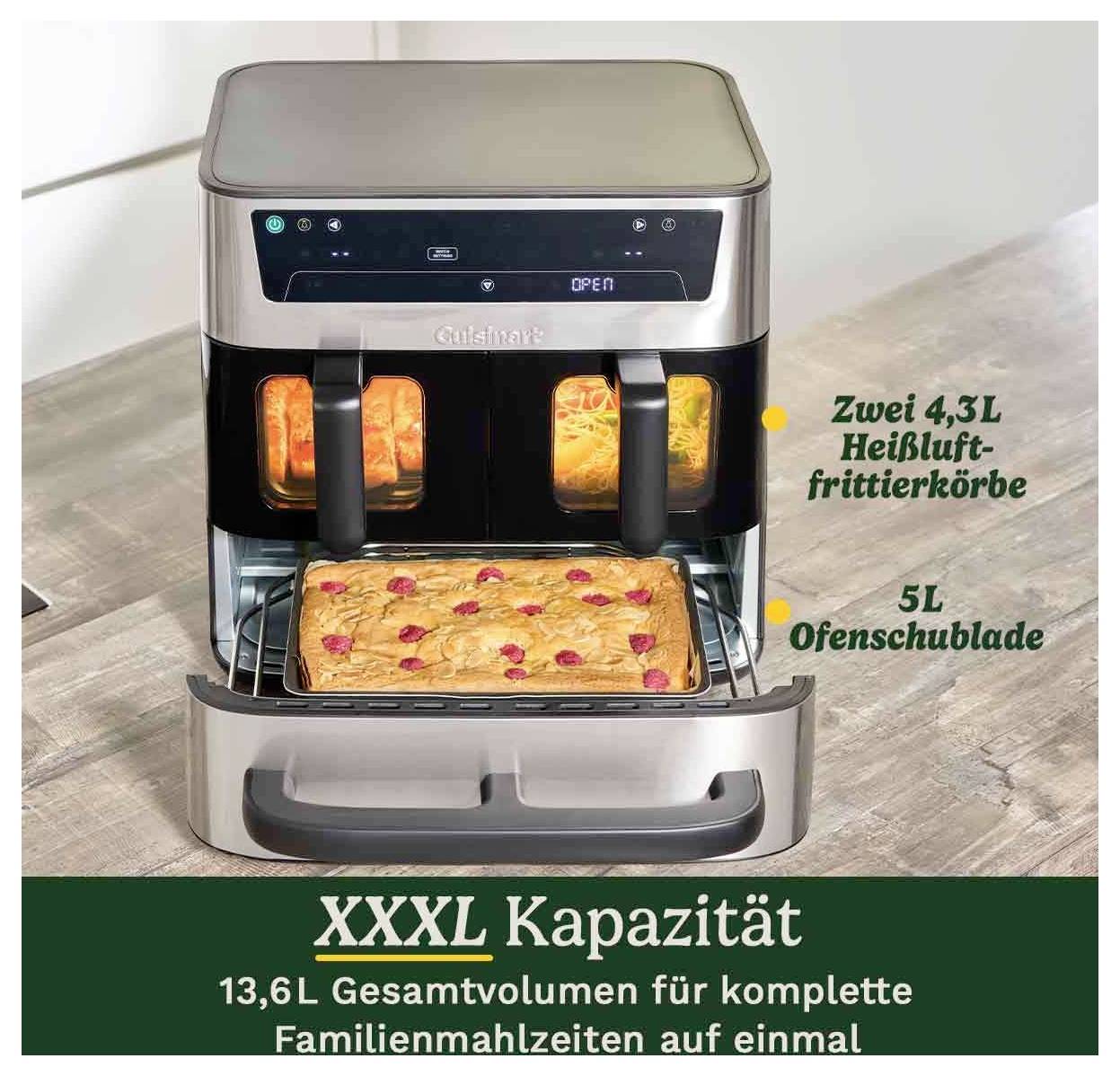 Duży piekarnik z gorącym powietrzem na blacie kuchennym z otwartymi czarnymi koszami do smażenia i drobiem w szufladzie. Tekst podkreśla zdolność do przygotowywania posiłków dla całej rodziny.