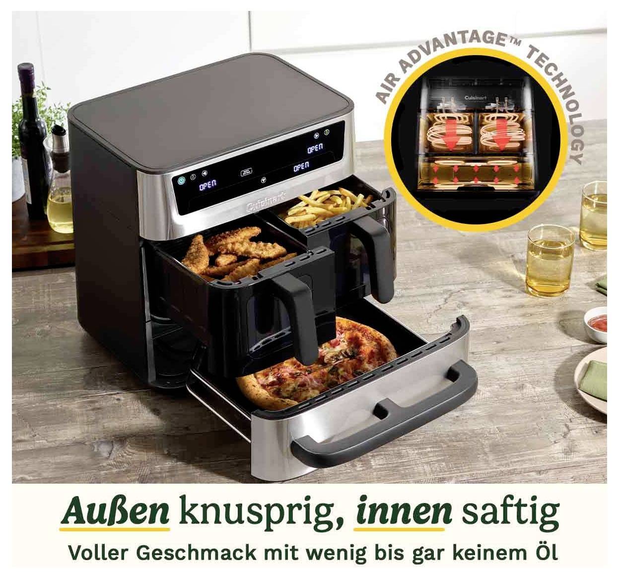 Frytkownica z dwoma komorami, wypełniona frytkami i pizzą. Tekst głosi: 'Na zewnątrz chrupiąco, w środku soczyście'.