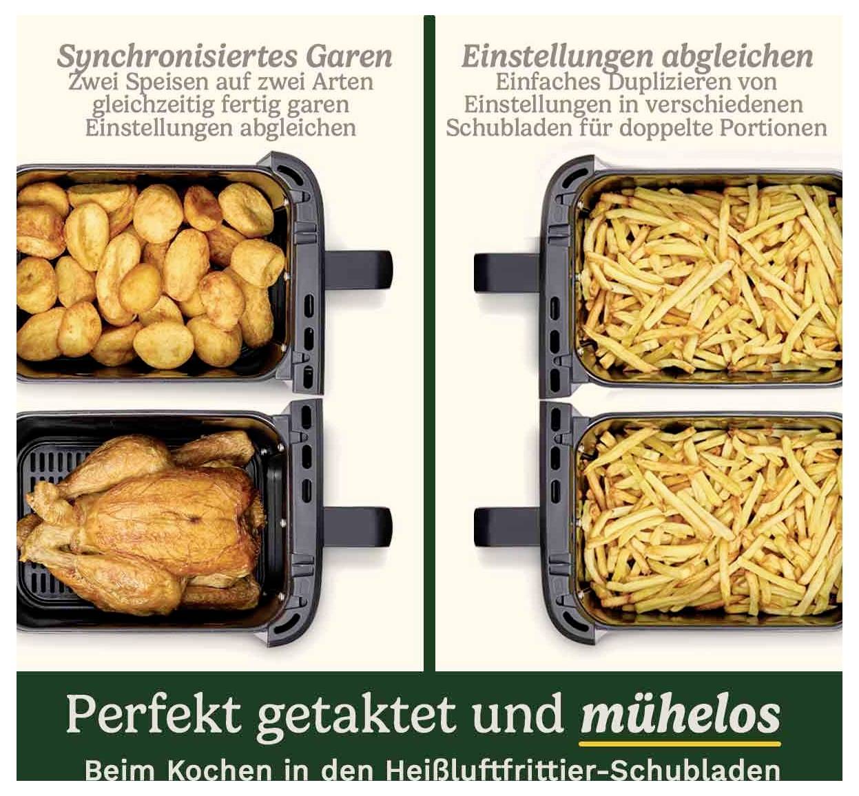 Dwie frytkownice gorącym powietrzem z frytkami i kurczakiem. Po lewej: 'Gotowanie zsynchronizowane'. Po prawej: 'Ustawienia dopasowane'. Tekst na dole: 'Idealnie zsynchronizowane i bez wysiłku'.