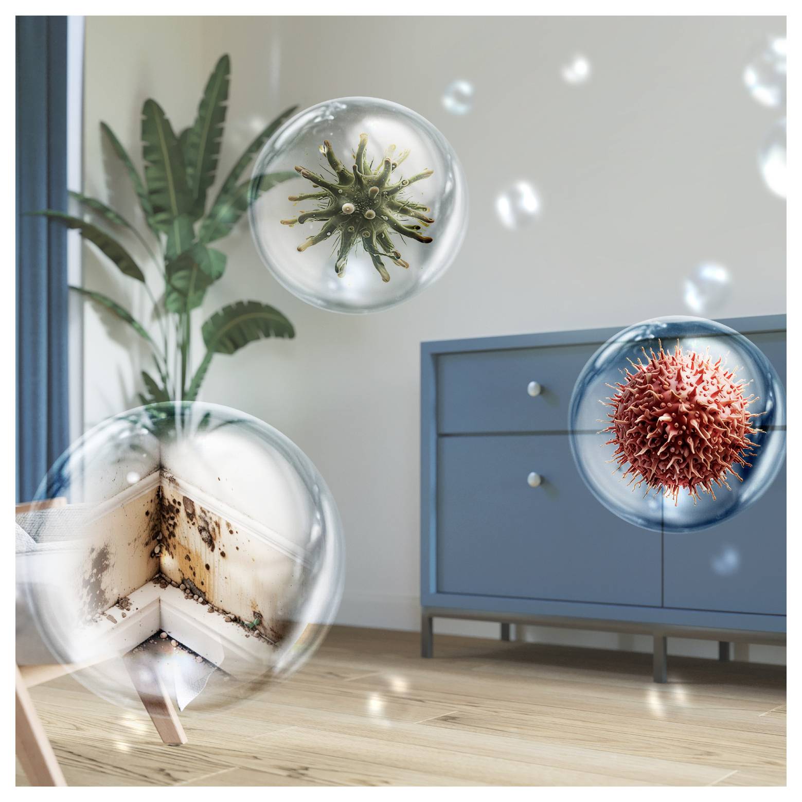 Trzy unoszące się bąble zawierające wirusa, bakterię i zarodniki pleśni, przedstawiające zanieczyszczenia powietrza w pomieszczeniu w nowoczesnym pokoju z roślinami i meblami.