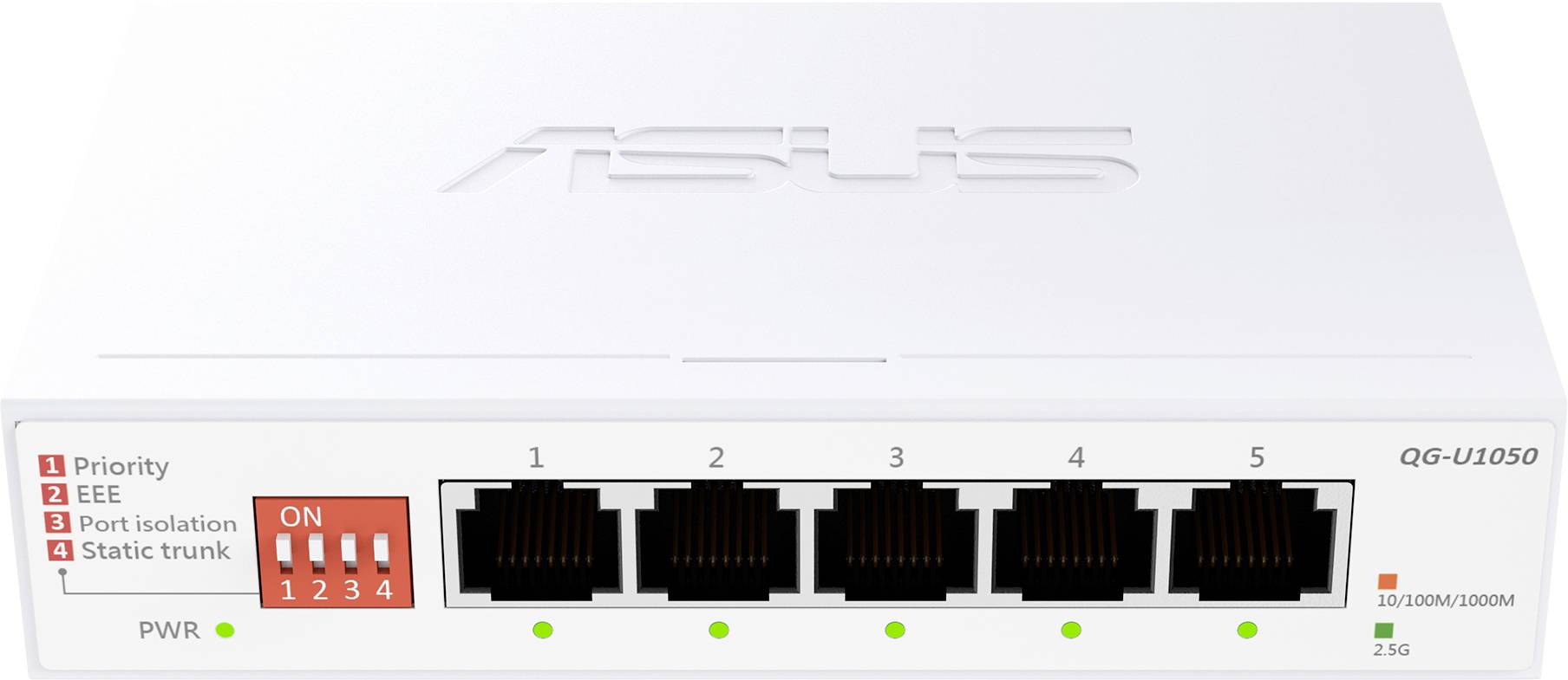 Biały przełącznik sieciowy ASUS z pięcioma portami Ethernet oznaczonymi numerami od 1 do 5, z wskaźnikami zasilania, priorytetów oraz ustawień trunk.