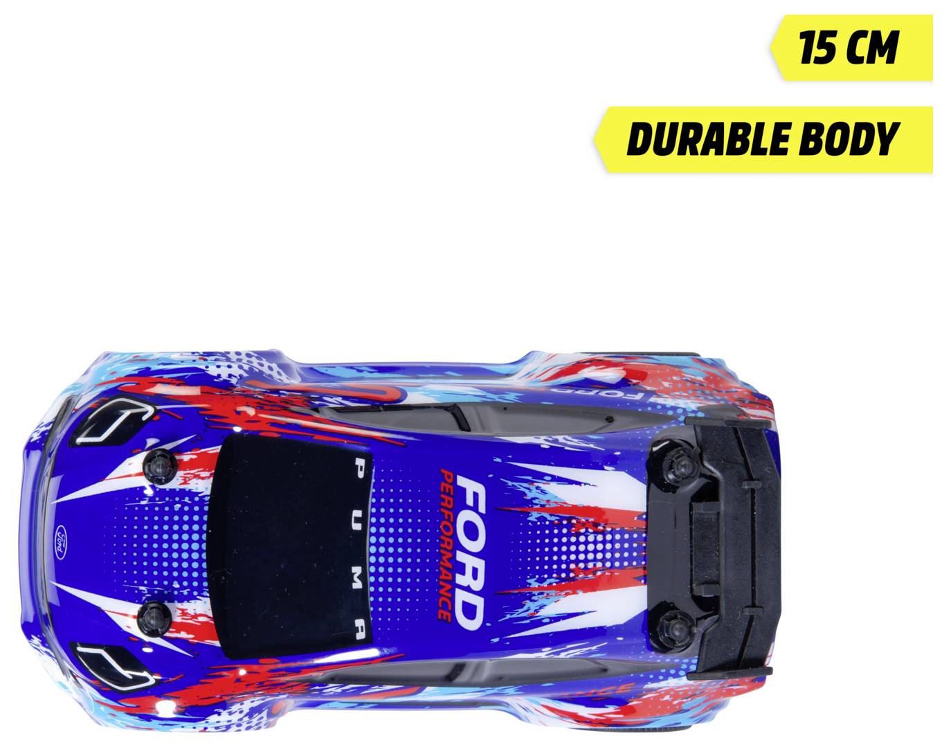 Zabawkowy samochód w kolorach niebieskim i czerwonym z napisem 'Ford Performance', o długości 15 cm, z wytrzymałą obudową.