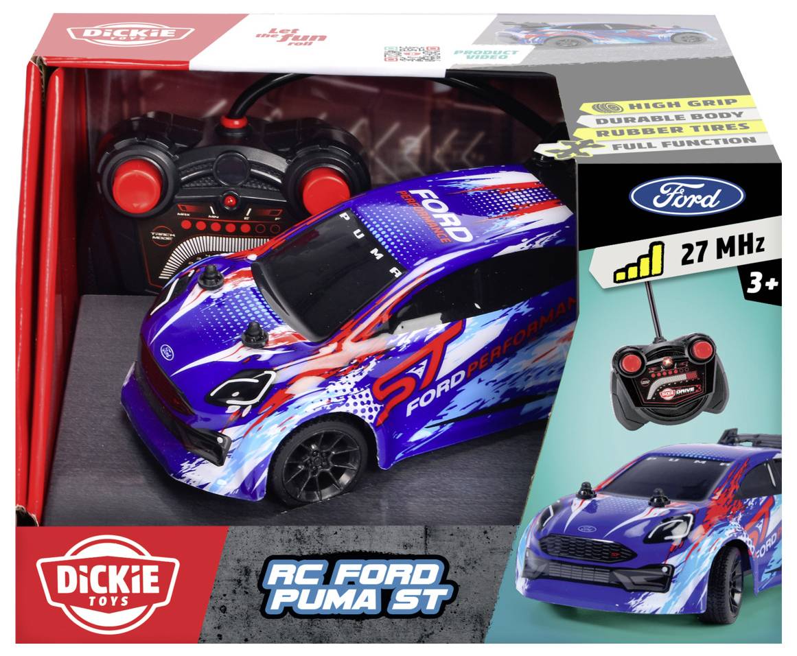 Zabawkowy samochód RC Ford Puma ST w opakowaniu ze zdalnym sterowaniem. Żywy niebieski i czerwony design. Odpowiedni dla dzieci w wieku 3+. Marka: Dickie Toys.
