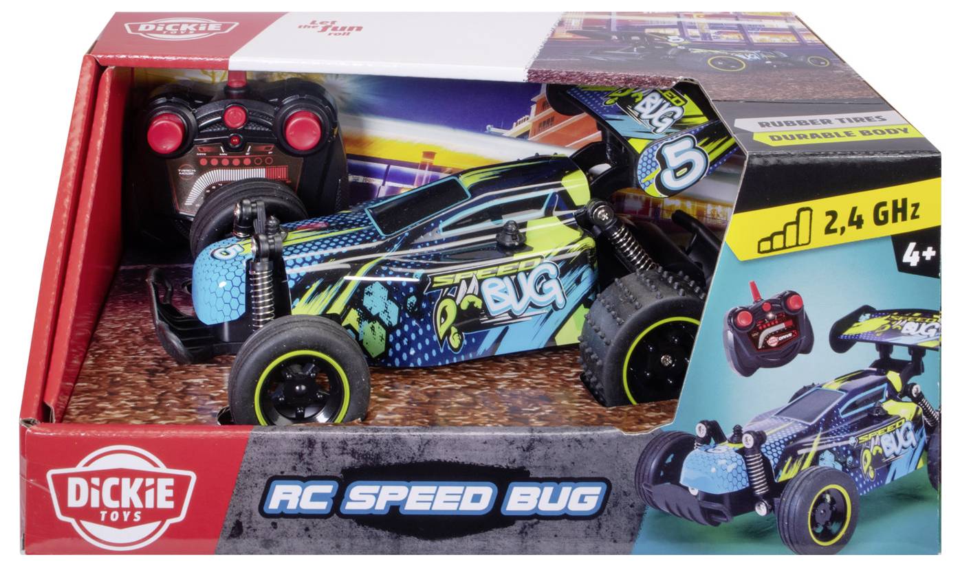 Samochód zabawka 'RC Speed Bug' w pudełku z pilotem zdalnego sterowania; kolorowy design; odpowiedni dla dzieci od 4 lat; działa na częstotliwości 2,4 GHz.